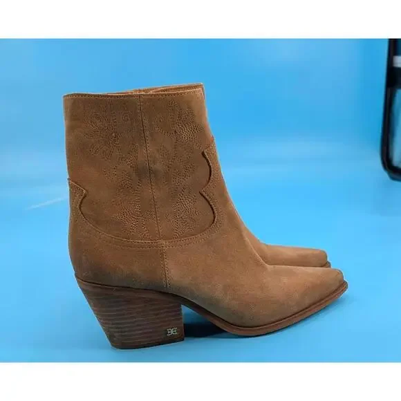 Sam Edelman Wilda Golden Caramel Stacked Block Heeled Pointed Toe Western Boots - Picture 6 of 9